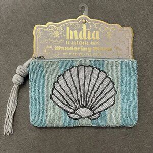 Handcrafted Beaded Shell Blue Zipper Travel Pouch Glass Bead Beachy India